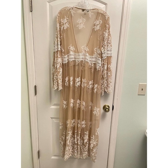 Forever 21 Plus Long Maxi Beige Mesh Embroidered Kimono Boho 2X Festival Sheer - Picture 5 of 9
